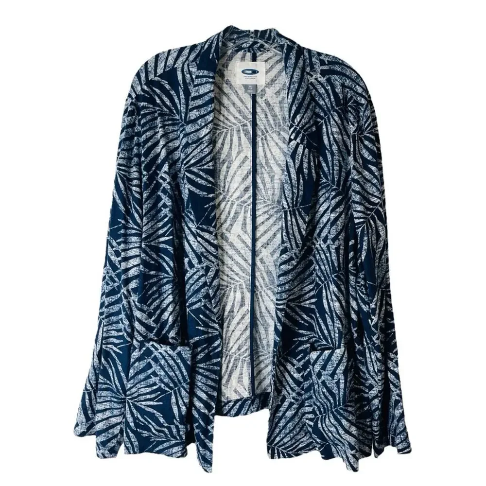 Old Navy blue white palm tropical linen lightweight open jacket XXL
